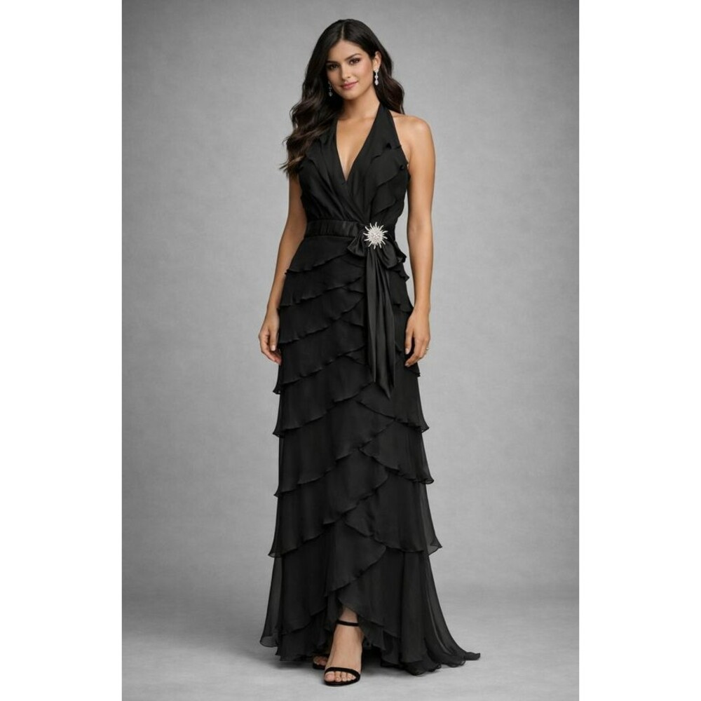 VTG Tadashi Shoji Silk Chiffon Maxi Dress Size 10 Black Halter Open Back Tiered